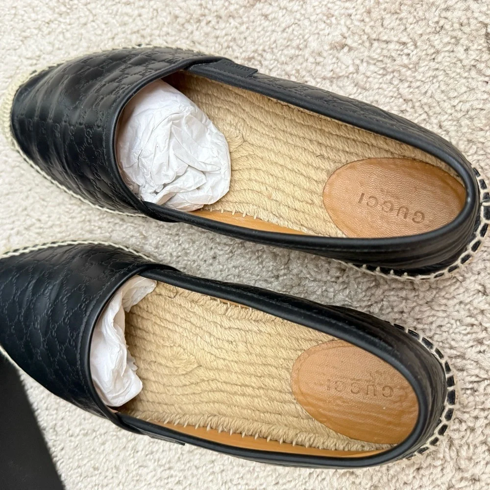 Gucci Black Embossed Leather Espadrilles